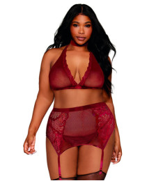Ensemble 4 pièces grande taille soutien gorge, tour de cou, string et porte jarretelles rouge - DG11776XGAR